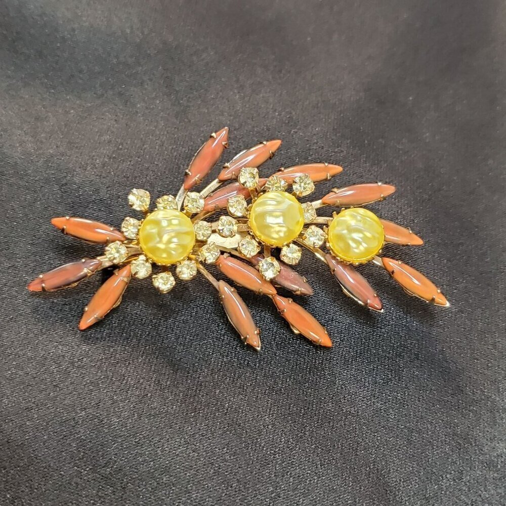 Vintage CATHE Brooch Riveted Dark Coral rhinestones Faux Pearls Leaf & Flowers